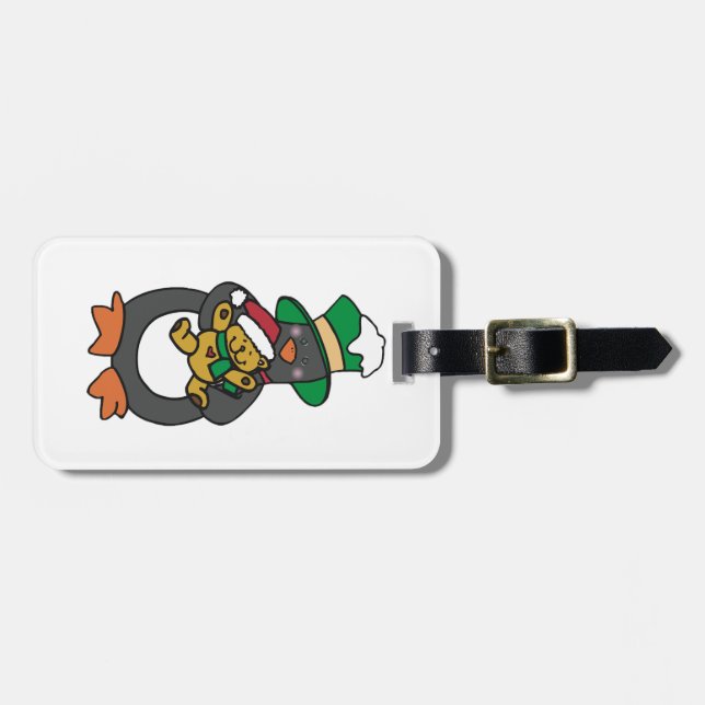 Etiqueta De Bagagem Irish Penguin Holding Christmas Teddy Bear (Frente Horizontal)