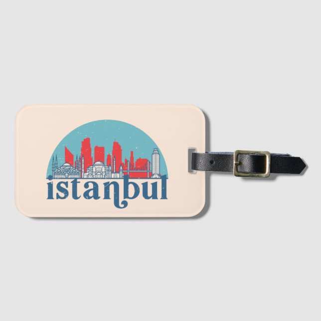 Etiqueta De Bagagem Istambul Turquia Retro City Skyline Cityscape Art (Frente Horizontal)