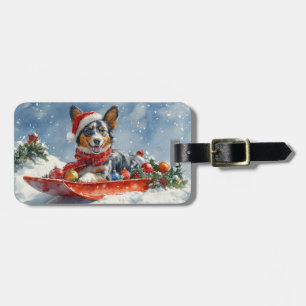 Etiqueta De Bagagem Kelpie australiano em Sledge Deixe-o nevar Natal