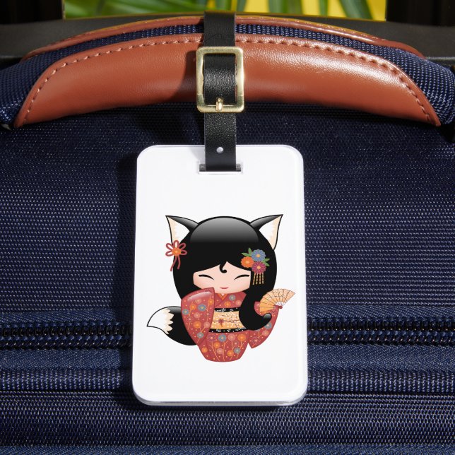 Etiqueta De Bagagem Kitsune Kokeshi Doll - Rapariga Negra Fox Geisha (Frente Insitu 2)