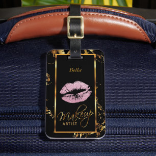 Etiqueta De Bagagem Lábios cor-de-rosa com brilho no mármore Dourado -