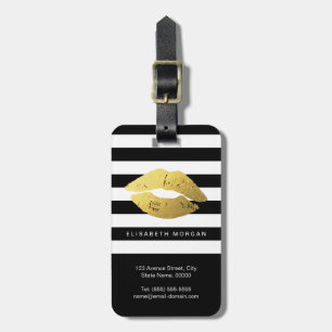 Etiqueta De Bagagem Lábios Dourados na moda com faixas brancas pretas