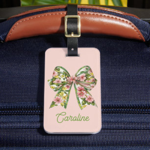 Etiqueta De Bagagem Laço Floral Rosa e Verde Préppy Personalizado