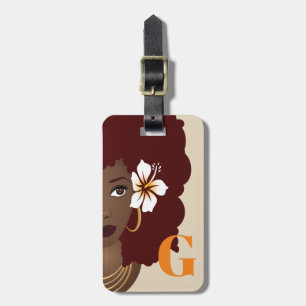 Etiqueta De Bagagem Laranja e bege, Flor no Cabelo Vermelho Afro, Mono