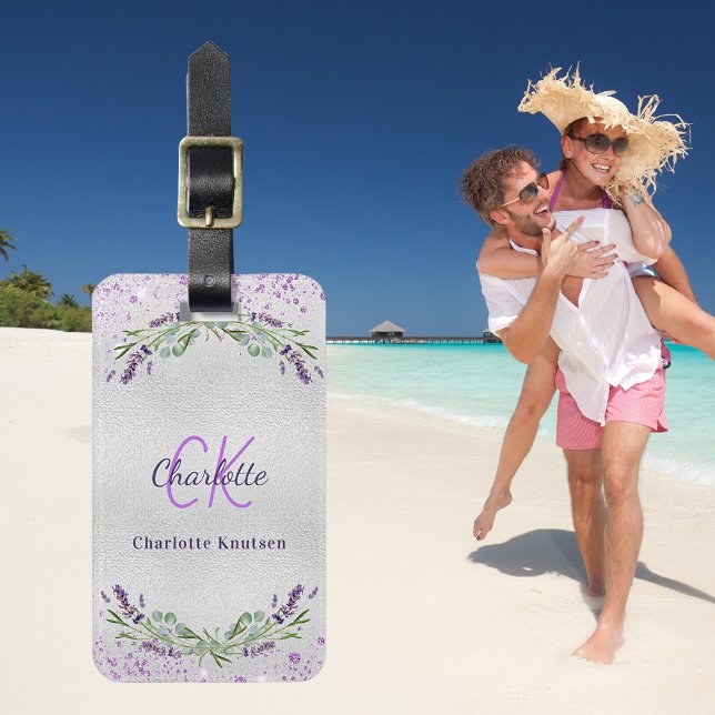 Etiqueta De Bagagem Lavanda violeta prateada flores nome monograma (Criador carregado)