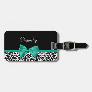Etiqueta De Bagagem Leopard Imprima Emerald Green Ribbon Arco Nome