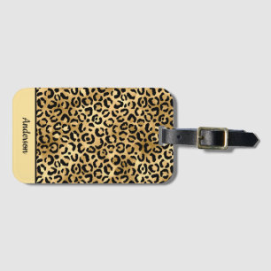 Etiqueta De Bagagem Leopardo Preto e Dourado com Monograma Impressão C