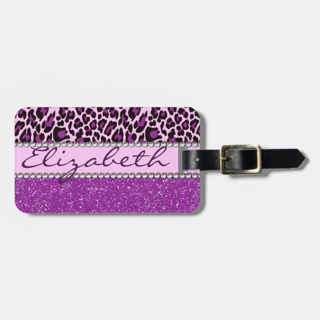 Etiqueta De Bagagem Leopardo roxo personalizado e brilho (Frente Horizontal)