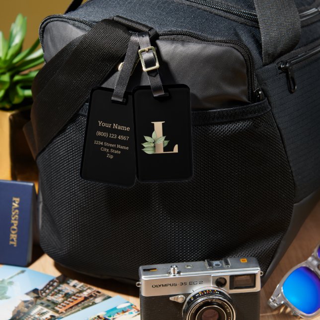 Etiqueta De Bagagem Letra Dourada Monograma Botânica Elegante L (Frente e verso)