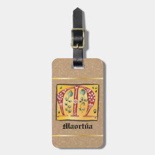 Etiqueta De Bagagem Letra Floral Iluminada Medieval M Monograma