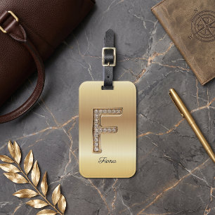 Etiqueta De Bagagem Letra Inicial F de Monograma de Diamante Glam Gold