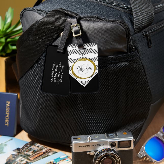 Etiqueta De Bagagem Letra Inicial Glitter Elegante Dourada Monograma (Frente e verso)