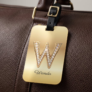 Etiqueta De Bagagem Letra Inicial Monograma de Diamante Glam Gold W