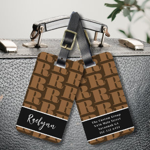 Etiqueta De Bagagem Letra Inicial Monograma Moderno Preto-Castanho