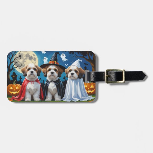 Etiqueta De Bagagem Lhasa Apso Cachorros Pumpkin Halloween Engraçado (Frente Horizontal)