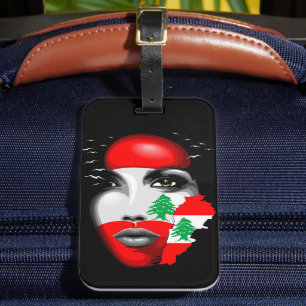 Etiqueta De Bagagem Líbano Flag e Map no rosto da menina