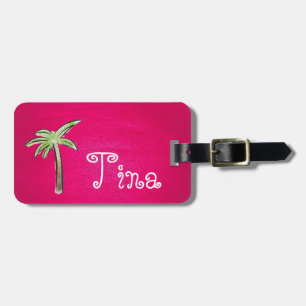 Etiqueta De Bagagem Linda árvore de palmeiras em fundo rosa