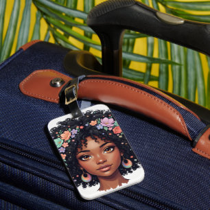 Etiqueta De Bagagem Linda Menina Negra Com Coroa de Flores Afro