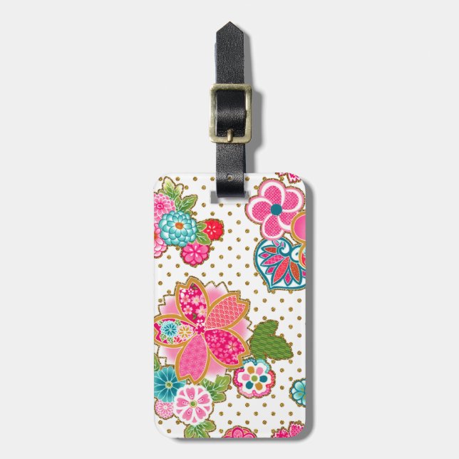 Etiqueta De Bagagem Linda moda cinzenta primavera japonesa floral (Frente Vertical)