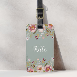 Etiqueta De Bagagem Linda Rosa Floral Sage Verde Nome Personalizado