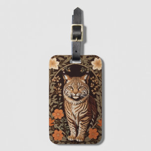 Etiqueta De Bagagem Lindo Bobcat em Fundo Floral Marrom
