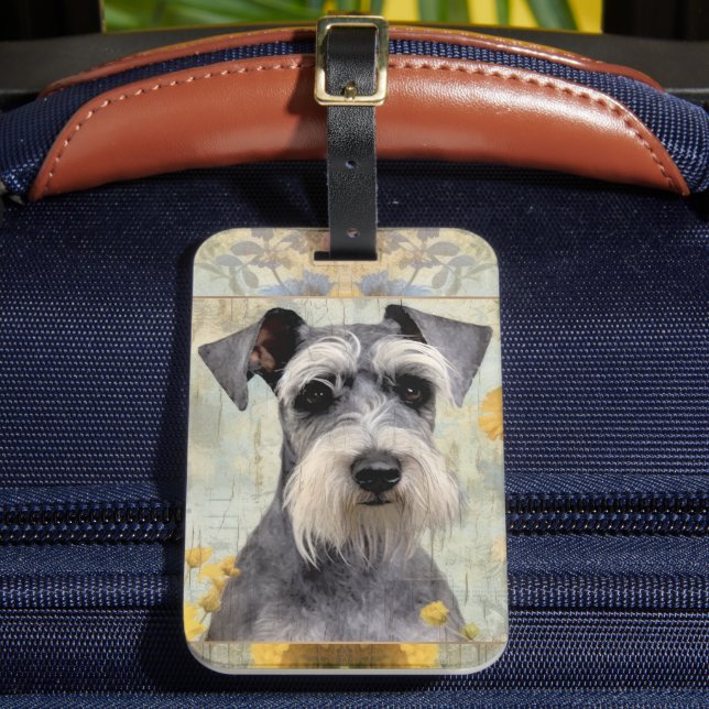 Etiqueta De Bagagem Lindo Schnauzer Floral (Frente Insitu 2)