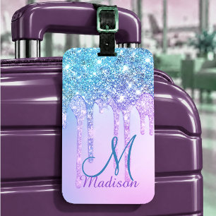 Etiqueta De Bagagem Lindo Unicórnio Turquesa Azul com Glitter Monogram