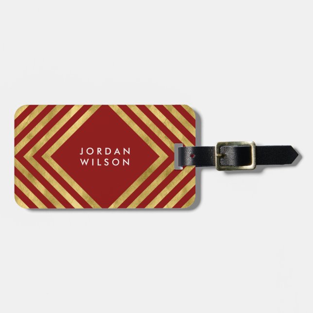 Etiqueta De Bagagem Linhas Geométricas Douradas Vermelhas Elegantes Mo (Frente Horizontal)