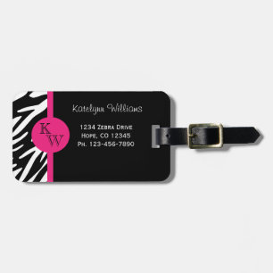 Etiqueta De Bagagem Listra da zebra do monograma com o Tag cor-de-rosa