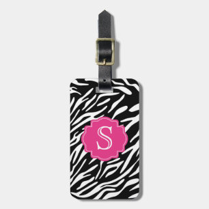Etiqueta De Bagagem Listra da zebra do monograma com o Tag cor-de-rosa