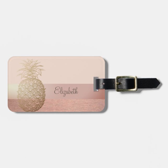 Etiqueta De Bagagem Listras da Moda, Abacaxi Dourado (Frente Horizontal)