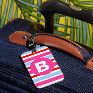 Etiqueta De Bagagem Listras de Bala Rosa e Azul com Monograma