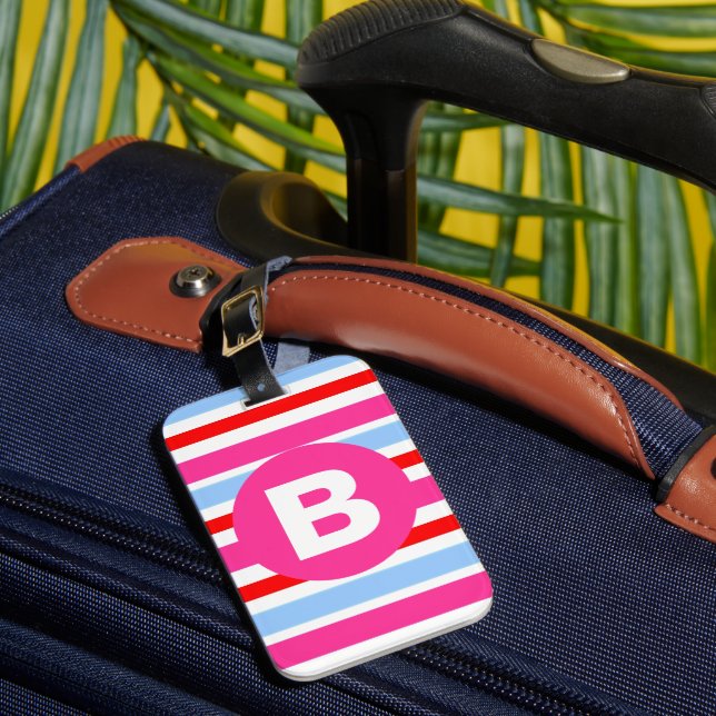 Etiqueta De Bagagem Listras de Bala Rosa e Azul com Monograma (Frente Insitu 1)