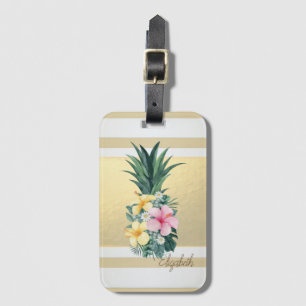 Etiqueta De Bagagem Listras Douradas Modernas, Abacaxi, Flores