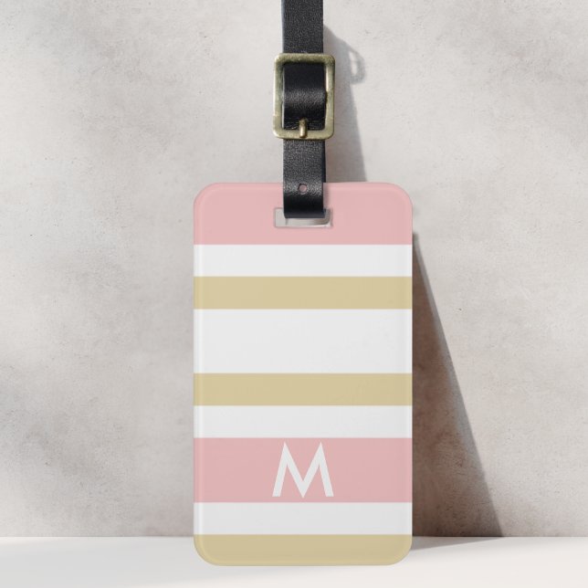 Etiqueta De Bagagem Listras Rosa e Bege Preppy Inicial Personalizada (Criador carregado)