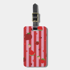 Etiqueta De Bagagem Listras rosa e vermelhas, com um padrão frutado