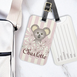 Etiqueta De Bagagem Listras Rosa Pastel Nome Menina Koala Bebê Fofo Ki