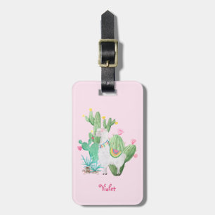 Etiqueta De Bagagem Llama & Cactus Rosa Pastel Personalizado