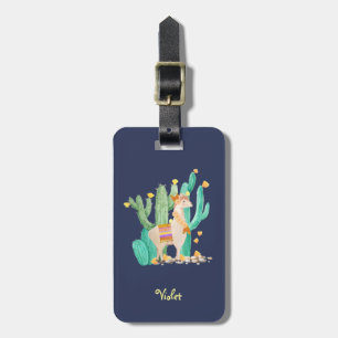 Etiqueta De Bagagem Llama e Cacto Aquarela Azul Personalizado