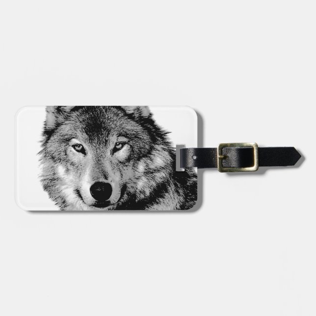 Etiqueta De Bagagem Lobo Negro e Branco (Frente Horizontal)