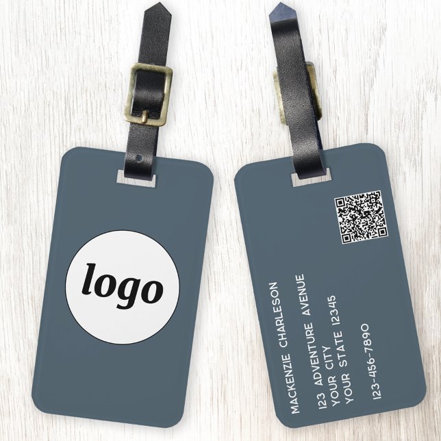 Etiqueta De Bagagem Logo QR Code Charcoal Gray Business Promotional (Simple logo with custom text business branding promotional QR code charcoal gray luggage tag)