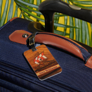 Etiqueta De Bagagem Longship de Vikings de Grãos de Madeira Simulados 