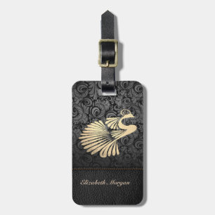 Etiqueta De Bagagem Luxo Elegante, Olhar de Couro, Pavão Dourado, Dama
