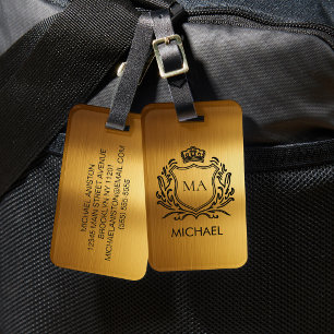 Etiqueta De Bagagem Luxo Personalizado Monograma Dourado para Viagem