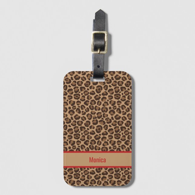 Etiqueta De Bagagem Luxo Vermelho com Estampa de Leopardo  (Frente Vertical)