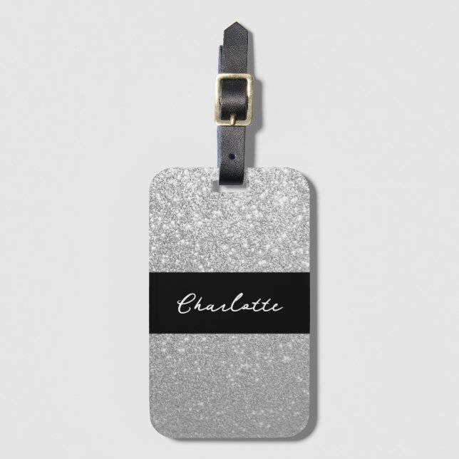 Etiqueta De Bagagem Luxury Sparkle Silver Glitter Name (Frente Vertical)