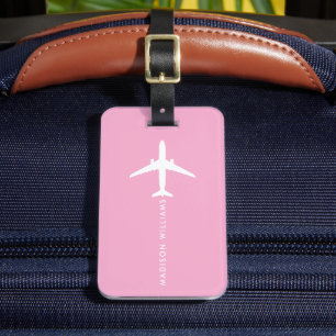 Etiqueta De Bagagem Luz Personalizada Rosa Pastel Branco Avião