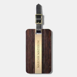 Etiqueta De Bagagem Madeira Elegante simples e nome monograma Dourado