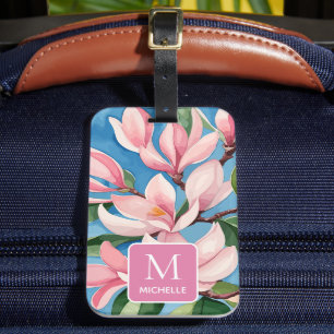 Etiqueta De Bagagem Magnolia Monograma Botânico de Arte Moderna Rosa