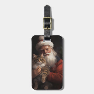 Etiqueta De Bagagem Maine Coon com Papai Noel Natal Festivo